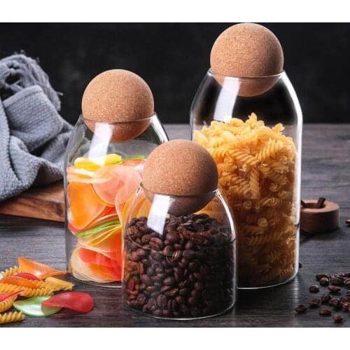 1pcs Glass Sealed Storage Jar Ball Cork Stopper Whole Grains Kitchen Food Coffee Bean Tea Spice Storage Bottle Kitchen Organizer