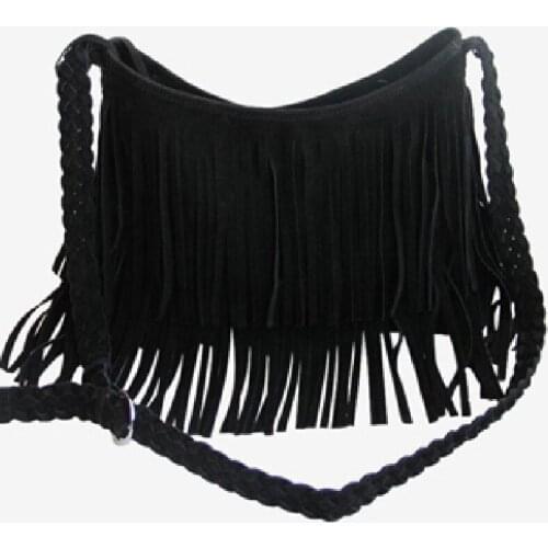 Womens Fringed Leather Shoulder Bag with Adjustable Knitting Strap Soft Ethnic Style PU Messenger Bag Solid Color Best Sale-WT
