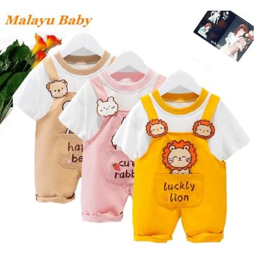 Toddler Boys Girls Costume Suit 2021 Summer Child Short-Sleeved Top Cute Cartoon Pattern Straps Pants 2Pcs Infant Clothes 1-4 Y