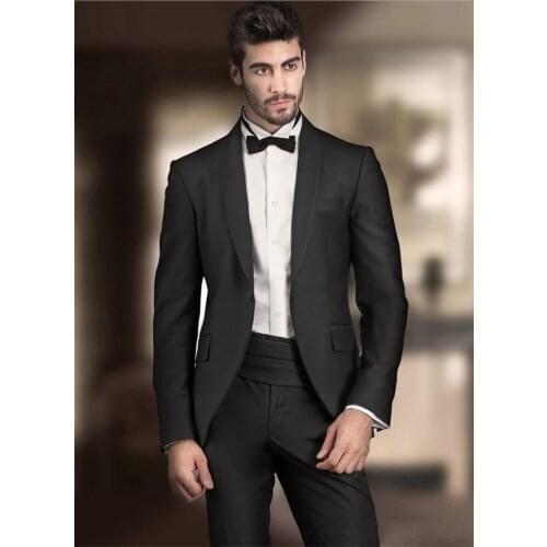 High Quality Black Mens Suits Groom Tuxedos Groomsmen Wedding Party Dinner Best Man Suits (Jacket+Pants+Bow Tie) W:33