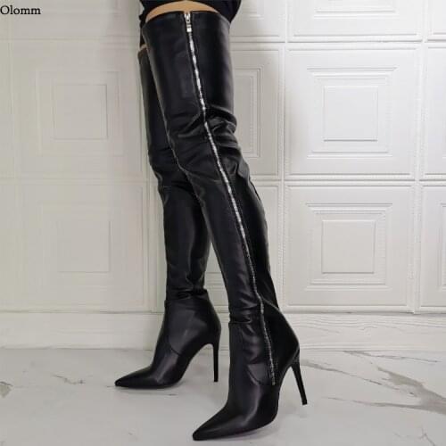 Olomm New Handmade Women Winter Thigh High Boots Stiletto Heels Pointed Toe Elegant Black Party Shoes Women Plus US Size 5-15