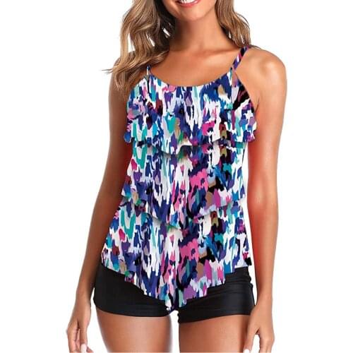 Plus Size 2piece Swimsuit Women Floral Print Push Up Monokini Swimwear Ruffle Tankini Swimsuit Top+shorts Dropshipping