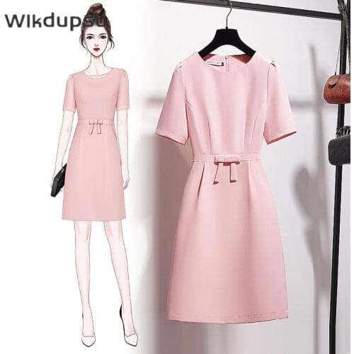 Elegant Wear To Work Women Office Ladies Business Fashion Casual Formal A Line Dress Spring Summer Pink Midi Dresses Plus Size