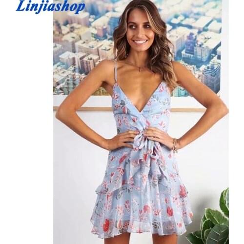 Fashion Sashes Beach Women Dress Chiffon Tank Vestido Lining Back Zipper Vintage Red Floral Print Ruffles Blue Dresses