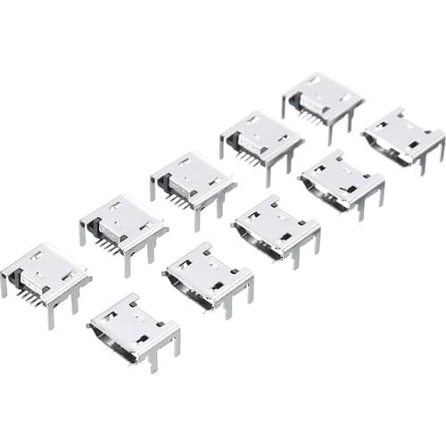 10pcs/set Micro USB Female Socket Connector 5pin Type B 4 Vertical Legs Soldering for Mobile Phone USB Jack Connector
