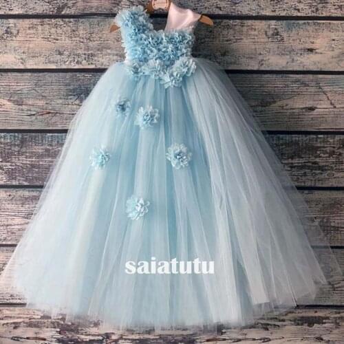 Photograph flower girl wedding dress children tulle party blue spirit princess children birthday gift dresses piano New Vestido