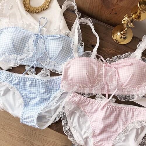 Japanese Sweet Lolita Pink blue Lace Bow Girl Bra & Panties Sets Fairy Soft Girl Kawaii Sexy Small Breasts Underwire Underwear