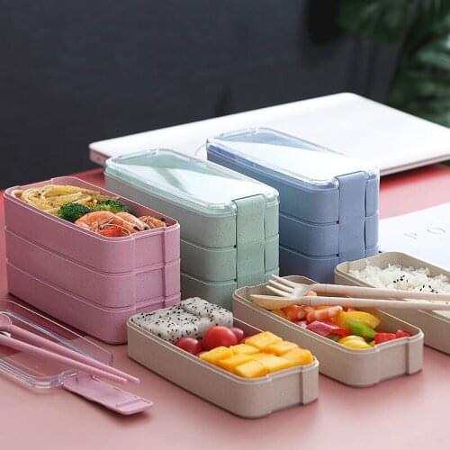 Student lunch box wheat straw bento box microwave oven plastic fresh-keeping box three-layer multi-cell Leakproof Eco-Friendly