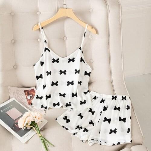 White Two Piece Suit Summer Women Strap Top&Shorts Sleeveless Pajamas Set Faux Silk Sleep Set Female Pijamas Suit Homewear