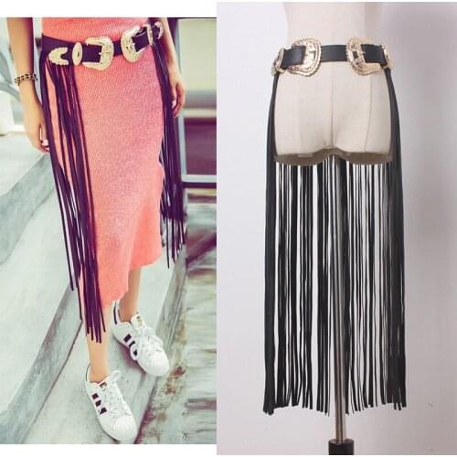 New Fashion Big Metal Buckled leather Friangled belt Double Pins Buckled Long Tassel belt Skirt style tassel belt for women