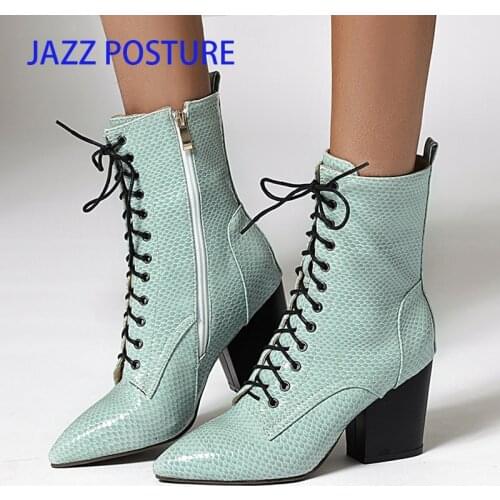 New Punk Women Ankle Boots Lace Up Pointed Toe high heel Black blue Boots Pumps 7.5CM Side zipper womens boots z641