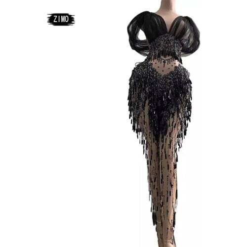 Nightclub Prom print Black Tassel Sequin mesh One Piece Jumpsuit Women Sexy Dj DS Singer Stage Performance Stretch Dance Costume