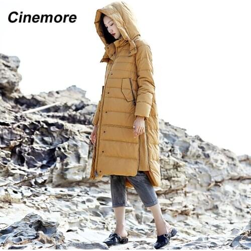 CINEMORE Winter Coat Women Cotton Long Fashion Down Jacket Hooded Zipper Button Loose Long Sleeve Pocket Elegant Casual Y-W7017
