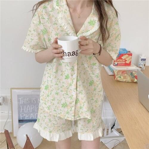Ruffles floral print pajama set women home suit sleepwear cute shirts tops shorts 2 piece set homewear suit loungewears Y711