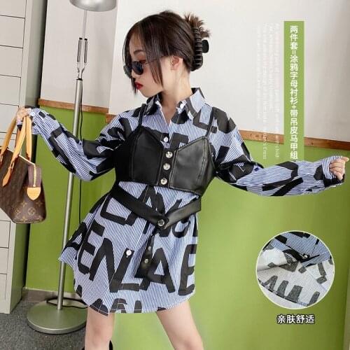 Girls' Printed Shirt 2021 Spring Dress New CUHK Style PU Leather Sling Design Lolita Blouse Shirts for Girls baby collar shir