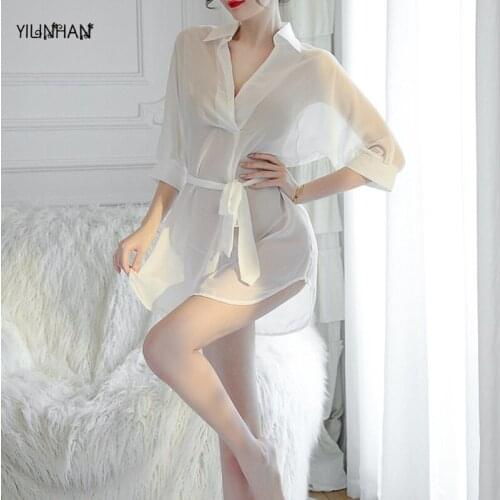 YILINHAN Sexy Sleepwear Underwear Cute Seduction Deep V Medium Sleeve Thin Sexy Chiffon Shirt Women Sleepshirt Sleeping Gown