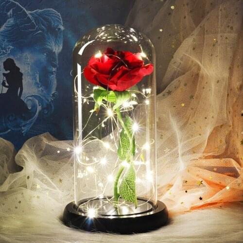 Beauty And Beast LED Rose Flower Light Black Base Glass Dome Best For Mothers Day Valentines Day Gift