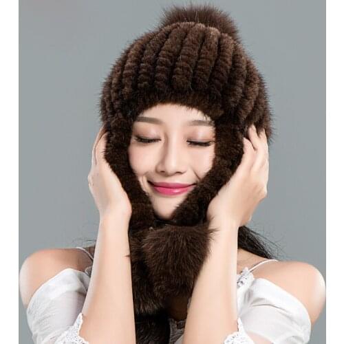 Natural mink fur hat ladies winter mane woven warm earmuffs Korean sweet cute fox fur ball cap