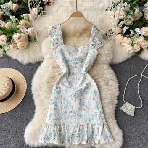 French Style Dress Women 2021 New Spring Summer Sleeveless Floral Print Mini Dress Lace Embroidery Ruffles Sweet Ladies Dresses