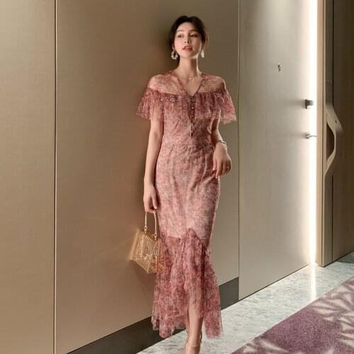 2020 Summer Pink Dress Women Slash Neck Halter Print Floral Dress Ladies French Style Za Brand Casual Flower Dresses Women