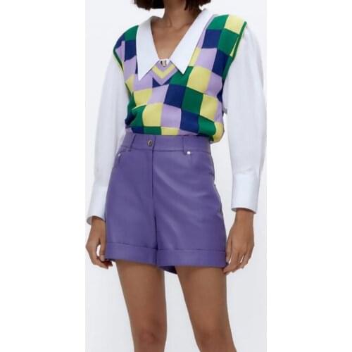 JUNWU Spring Autumn Womens Plaid Contrast Stitching Sweater Vest v-Neck Chic Design Knit Sweater Top Fashion High Street Style