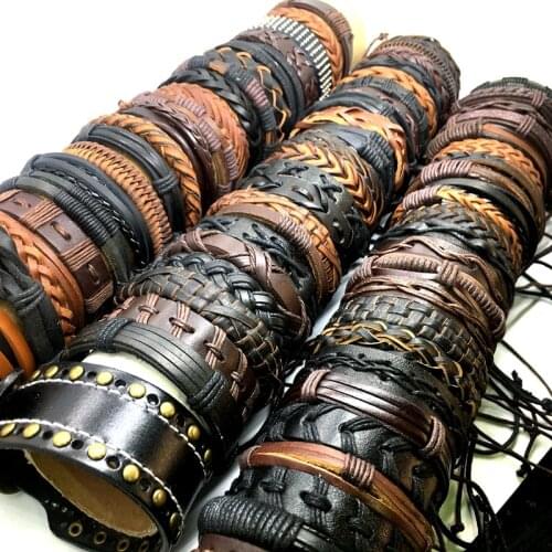 MixMax 30PCs/Lot Mens Womens Handmade Genuine Leather Black Brown Multicolored Fashion Jewelry Cuff Bracelets Wholesale