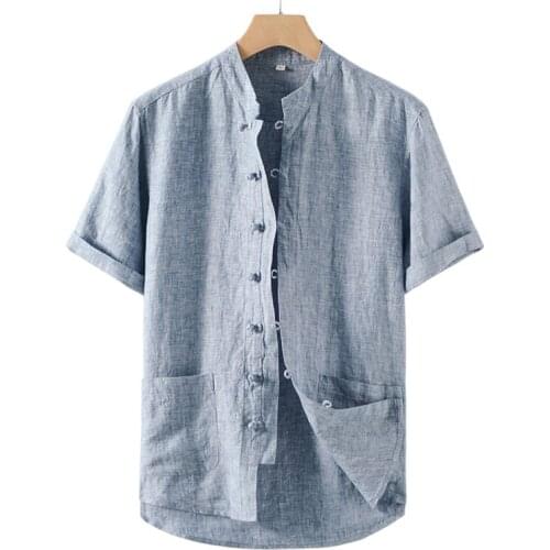 Pure Linen Short Sleeve Shirts for Men Summer New Fashion Chinese Style Tops Male Casual Solid White Stand Collar Button Shirt