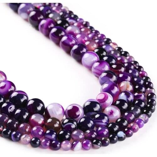 Purple Stripe Agate Smooth Round Natural Gemstone Loose Beads Sold by Strand Size 6mm 8mm 10mm 12mm