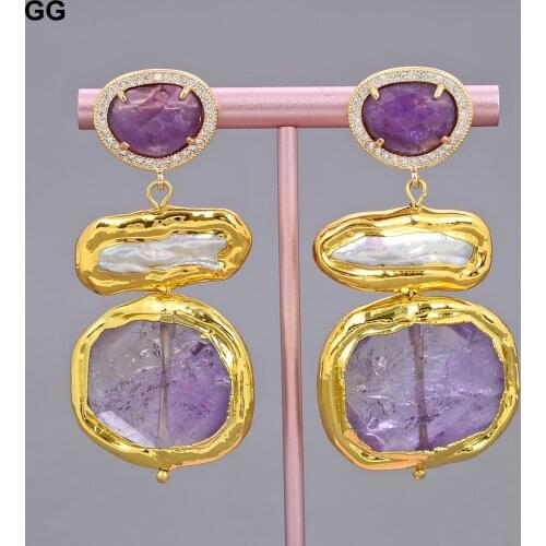 GuaiGuai Jewelry Natural Purple Nugget Amethyst White BIwa Pearl Gold Plated Drop Amethyst CZ Paved Stud Earrings For Women