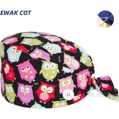 Surgicals Cap with Buttons Owls Printed Clinic Nursing Hat Women Men Tieback Forehead Towel Beautician Pet Shop Lab Scrub Caps