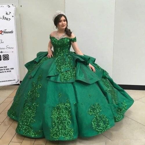 Emerald Green Ball Gown Vestidos De Quinceanera Dresses 2021 Floral Lace Ruffle Bling Satin Off The Shoulder Sweet 16 Dress Prom