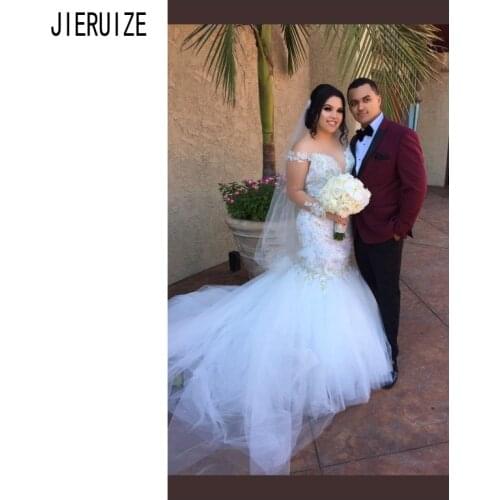 JIERUIZE Luxury Mermaid Wedding Dresses Off the Shoulder Long Sleeve Full Beaded Wedding Gowns Lace Appliques robe de mariee