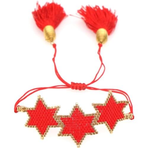 Classic Bohemian Miyuki Bracelet For Women Three Red Star Seed Beaded Chain Handmade Wristband Bracelets Jewelry Armband Gifts