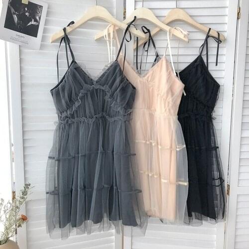 Korobov Korean Sweet Mesh Patchwork Women Dress 2021 Summer V Neck Spaghetti Strap Japanese Dresses Preppy Style Vestidos