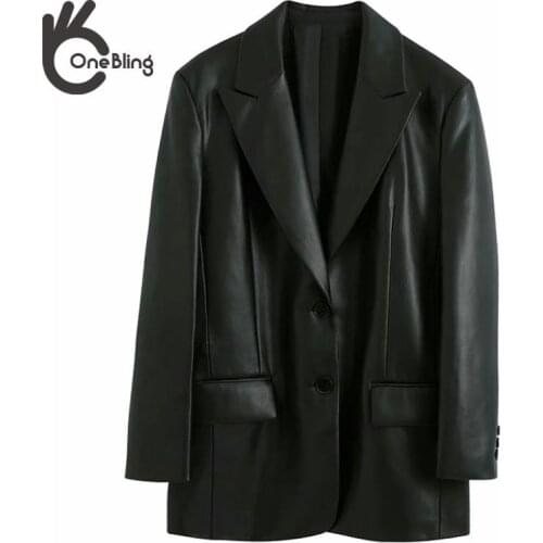 OneBling Za 2021 Fashion Womens Coat Black Solid PU Button Pocket Long Sleeve V-Neck Coats Female Fashion Casual Office Lady