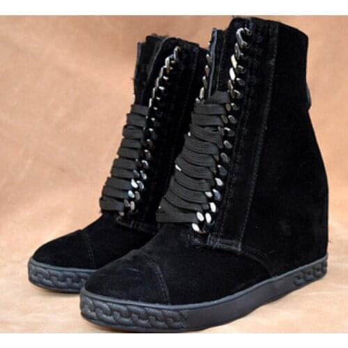 Hot Spring Girls Metal Chains Lace up High Top Shoes Ladies Height Increasing Thick sole Bottines Shoes Female Ankle Botte