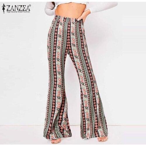 ZANZEA Fashion Lady Long Trousers Women Printed Flare Pants 2021 Autumn Bohemian Maxi Pant Streetwear Casual High Waist Pantalon