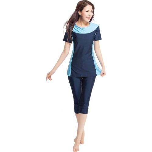 Muslim Islamic Lady Two Pieces Traditional Swimsuit Arab Crew Neck Short Sleeves Burkinis Women Modest Ethnic Swimming Wear
