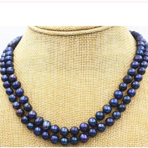 Free Shipping NEW Beautiful 2 row 7-8mm Black akoya Tahiti Freshwater Pearl Necklace 17-18"