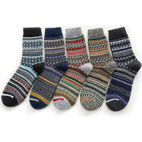 New Women Thickened Winter Warm Wool Stripe Floral Print Weave Pattern Tube Ankle Socks 5 Pairs/Pack