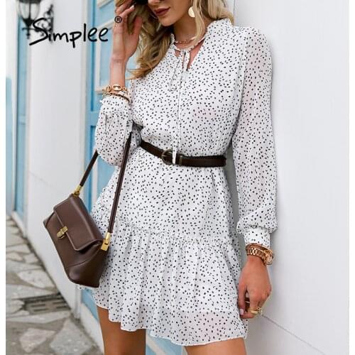 Simplee Elegant polka dot ruffled a-line mini dress spring Lantern sleeve sash stand collar dresses women Casual white dress new