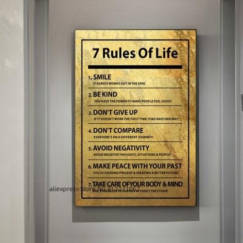 Golden Poster "7 Rules of Life Motivational Quote" Canvas Painting on The Wall Inspirational Wall Art Picture Living Room Decor