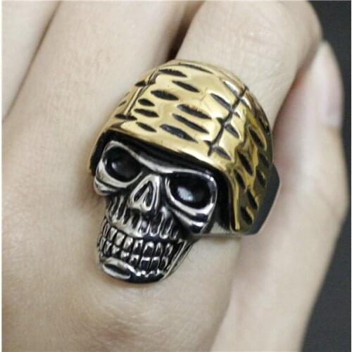 Drop Ship Size 8-14 Golden Biker Helmet Skull Ring 316L Stainless Steel Man Boy Punk Style Rock Man Golden Cap Biker Ring
