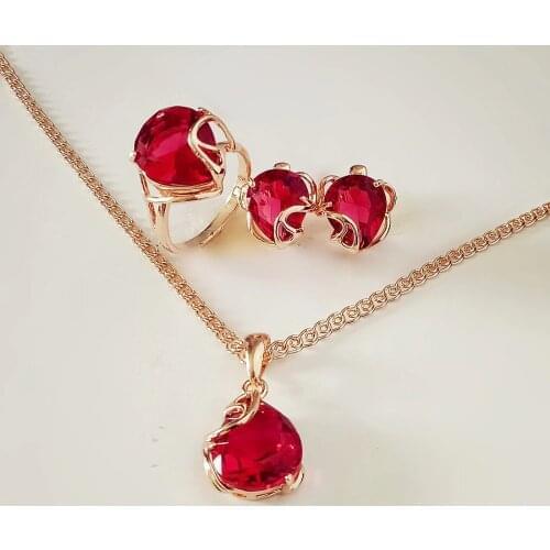 New Luxury Bridal Jewelry Set 585 Gold Color Jewelry Trendy Heart Red Cubic Zircon Wedding Necklace+Earring+ Ring Jewelry Sets