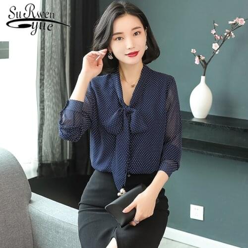 Autumn Chiffon Shirt Printing Dot Women Blouses Temperament Shirt Long Sleeve New Ladies Bow Tie Top Shirt Plus Size 6107 50
