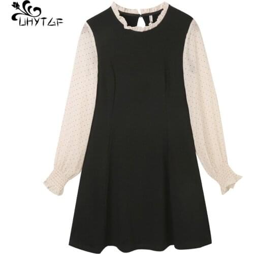 UHYTGF Spring Autumn Korean fashion Dot splice Dress Women Fake two Dress 4XL Plus Size Women Elegant Party Dresses Female X775