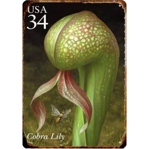 Vintage Retro Metal Tin Sign Us Postage Stamp Venus Flytrap Carnivorous Cobra Lily Plant Home Bar Restaurant Club Wall Decor