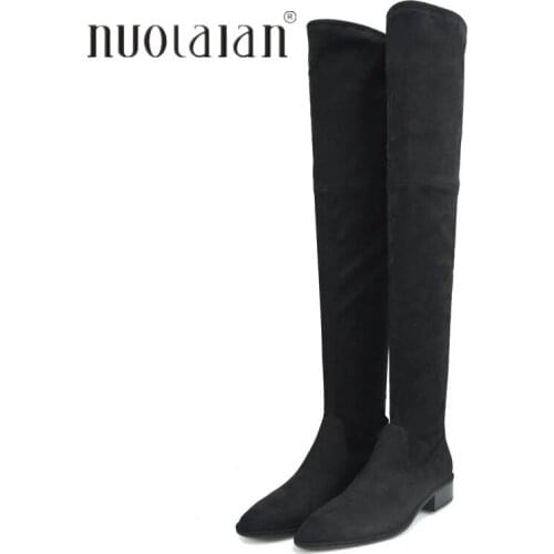 2018 Ladies Shoes Square Low Heel Women Over The Knee Boots Scrub Black Pointed Toe Woman Motorcycle Boots Size 35-42