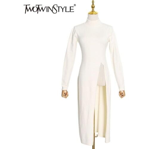 TWOTWINSTYLE Slim Side Split Knitted Pullovers For Women Turtleneck Long Sleeve Casual Long Sweaters Female Fashion New Spring