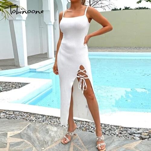 Tobinoone Drawstring Split Sexy Dresses For Women 2021 Spaghetti Strap Backless Bodycon Maxi Dress Summer White Party Vestidoes